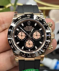 APS Factory Rolex Daytona Rose Gold Black Dial Ceramic Bezel 4130 Chronograph Rubber Strap 40mm