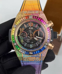 Hublot Big Bang Rainbow Gemstone Replica 45mm Rose Gold Skeleton Dial Chronograph