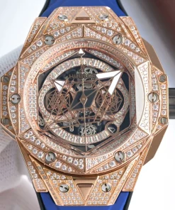 Hublot Big Bang Sang Bleu II Rose Gold Diamond Skeleton Blue Rubber 45mm Replica