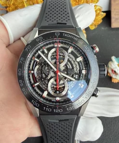 Replica TAG Heuer Carrera 45mm Skeleton Dial Ceramic Bezel Automatic Chronograph Rubber Strap