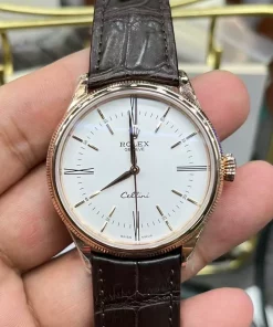 Replica Rolex Cellini 50505 White Dial Rose Gold Brown Leather 39mm Automatic Watch