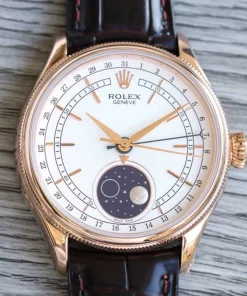 Rolex Cellini 50535 Moonphase Rose Gold Meteorite Dial Top Replica 39mm Leather Watch