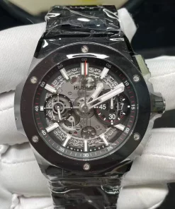 SuperClone Hublot Skeleton Chronograph Ceramic 42mm Automatic Watch Rubber Strap Sapphire Glass