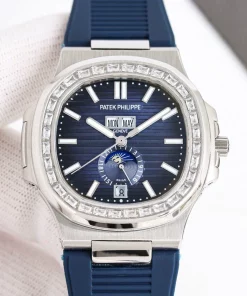 Nautilus 5726 V2 Clone Watch Blue Dial Diamond Bezel Moonphase Automatic Stainless Steel Rubber Strap