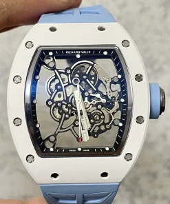Richard Mille RM055 Bubba Watson White Ceramic Style Skeleton Vaucher Movement Light Blue Rubber Strap Super Clone