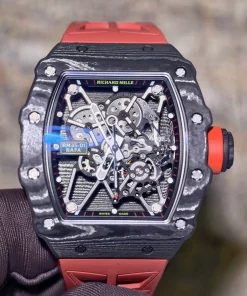 Top Replica RM35-01 NTPT Carbon Skeleton Dial Vacher Movement Red Strap Watch