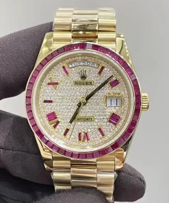 Rolex Day Date 40 Ruby Bezel Blood Red Diamond Dial President Bracelet 18K Wrapped Top Replica