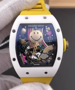 V2 Richard Mille RM88 Automatic Tourbillon Smiley White Ceramic Yellow Rubber Strap Clone Watch
