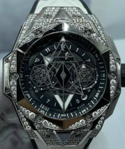 Hublot Big Bang Sang Bleu II Titanium Pavé 45mm Perfect Clone Watch Black Dial Rubber Strap
