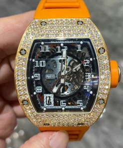 Perfect Richard Mille RM010 Rose Gold Full Diamond Skeleton Automatic Orange Rubber Watch