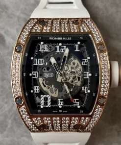 Richard Mille RM010 Rose Gold Iced Out Skeleton Clone Automatic Watch White Rubber Band