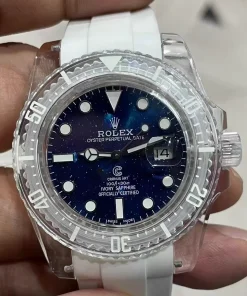 Rolex Yacht-Master 40 Transparent Sapphire Perfect Replica Blue Star Dial White Rubber Strap 3135 Movement