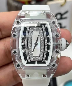Richard Mille RM07-02 Transparent Sapphire Lady Watch Diamond Black MOP Dial White Rubber Strap
